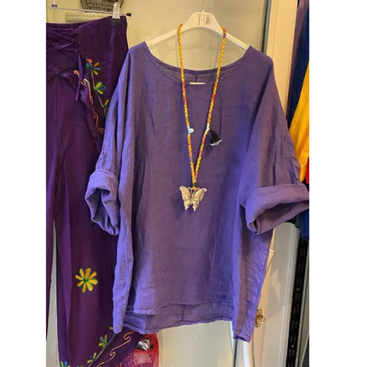 Damen Lockere Leinenbluse mit lässigem Schnitt und Rollärmeln Drune