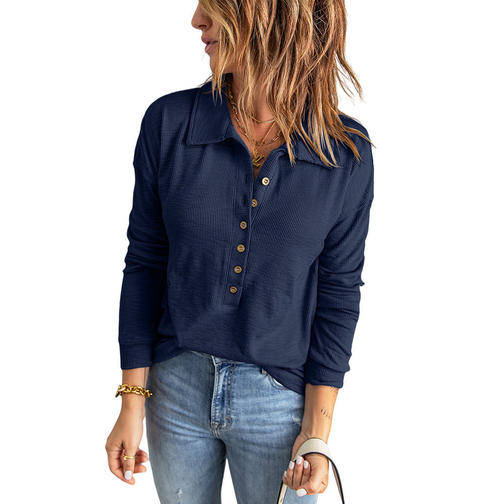 Damen Langarm-Bluse mit knöpfbarem Kragen und strukturiertem Stoff Drune