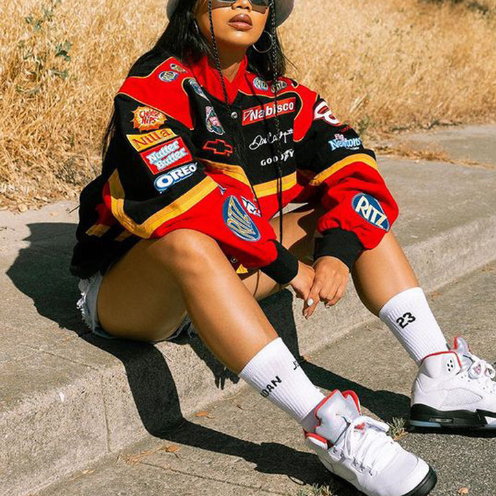 Damen Oversized Motorsportjacke mit bunten Grafikdetails und weitem Schnitt Drune