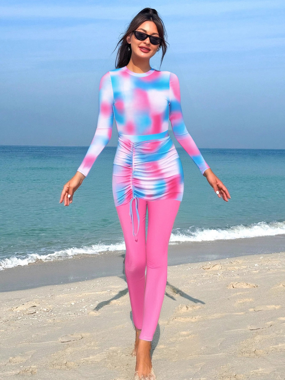 Damen Sportlicher Langarm-Schwimmanzug mit Raffung Drune