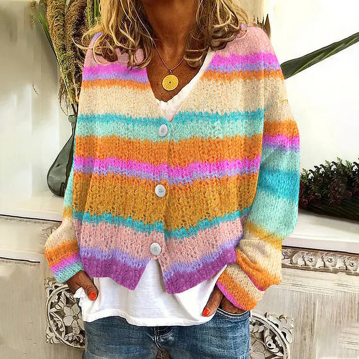 Damen lässiger Strickcardigan mit bunten Streifen und Knopfdetails Drune