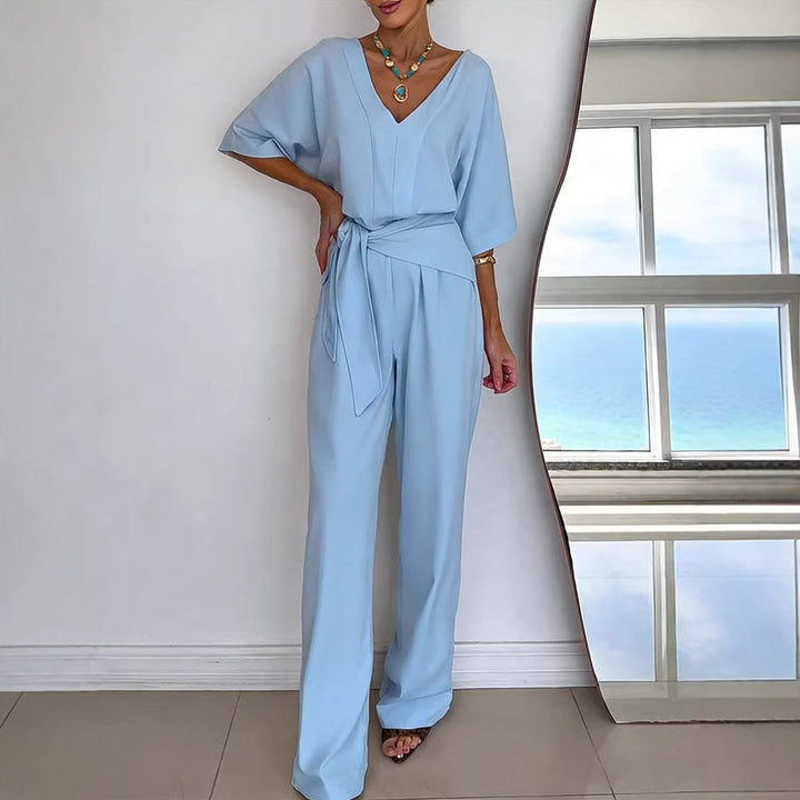 Damen Eleganter Jumpsuit mit tailliertem Schnitt und Wickelgürtel Drune
