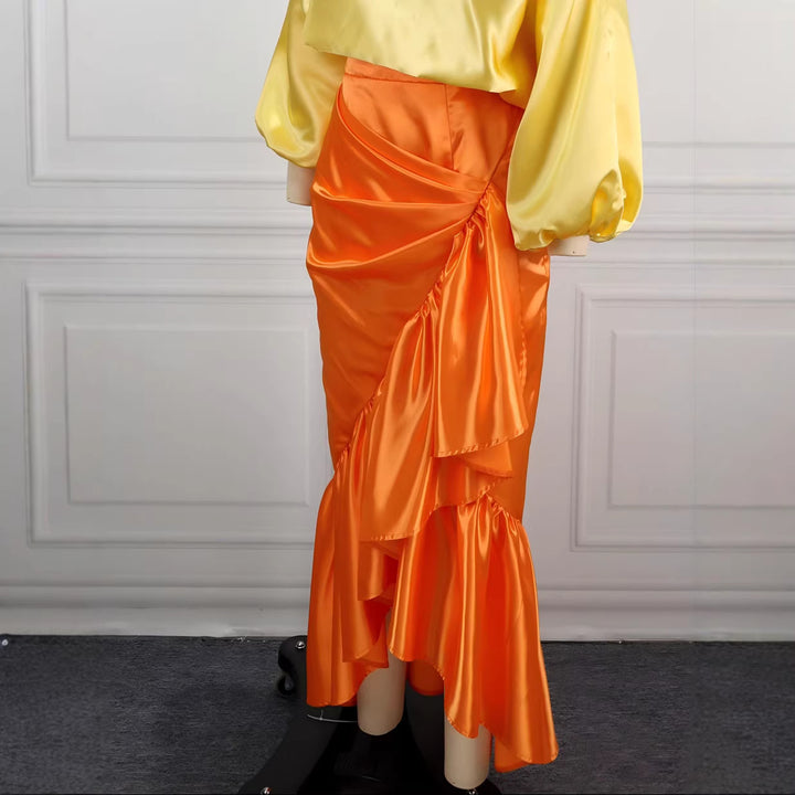 Damen Eleganter Satinrock mit asymmetrischem Design und voluminösem Rüschenabschluss Drune