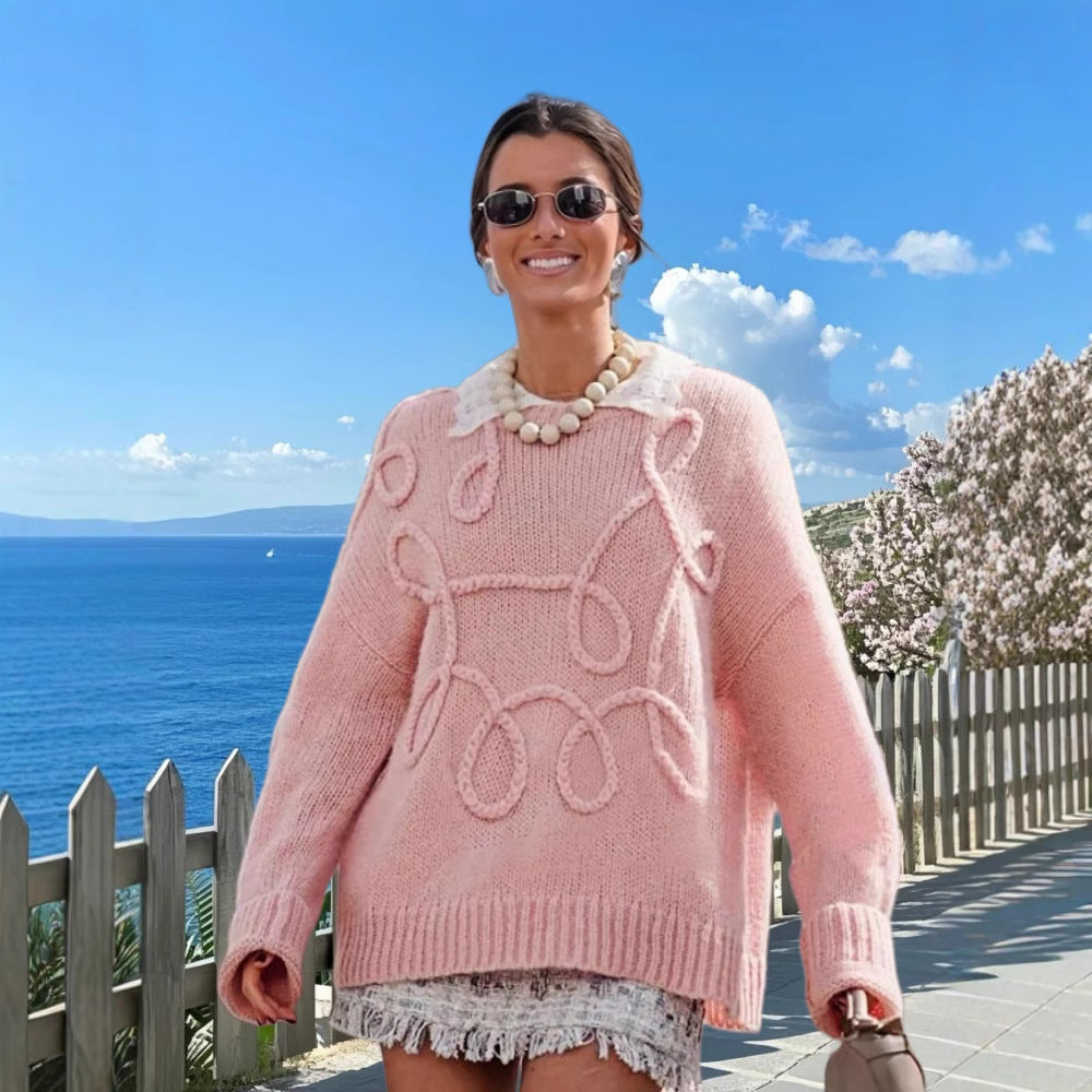 Damen Modischer Strickpullover mit strukturiertem Zopfmuster und lockerer Passform Drune