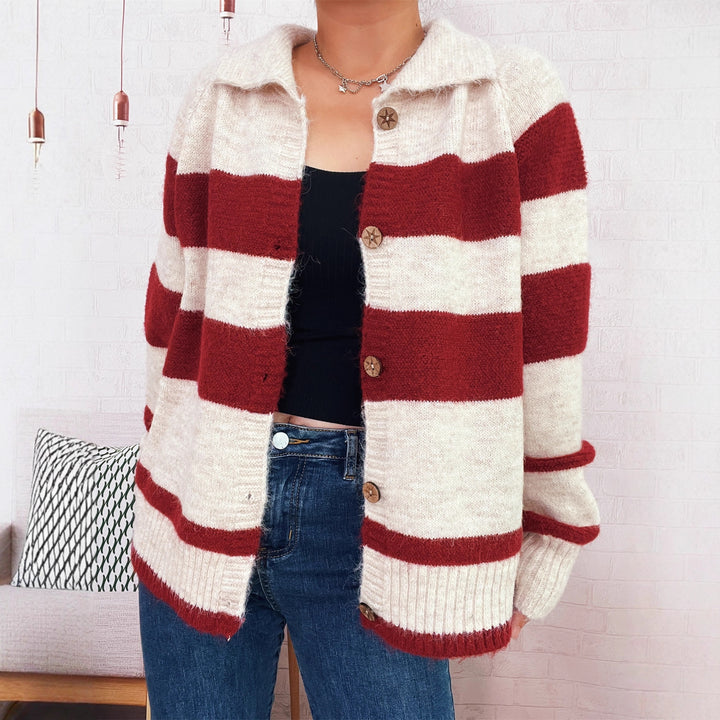 Damen gemütliche Strickjacke mit dekorativen Holzknochen und breiten Streifen Drune