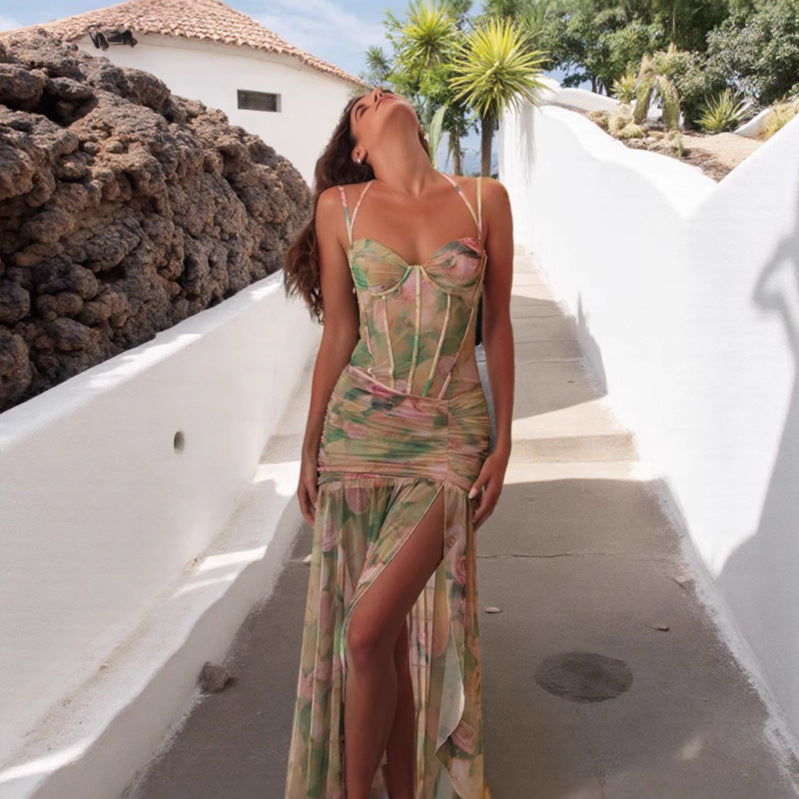 Damen Maxi-Kleid mit verführerischem Schlitz und elegantem Rüschendesign Drune