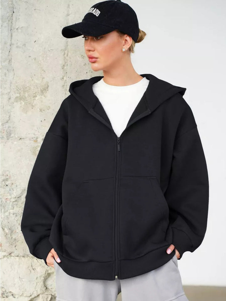 Damen weiche Zip-Hoodie-Jacke mit Kängurutaschen Drune