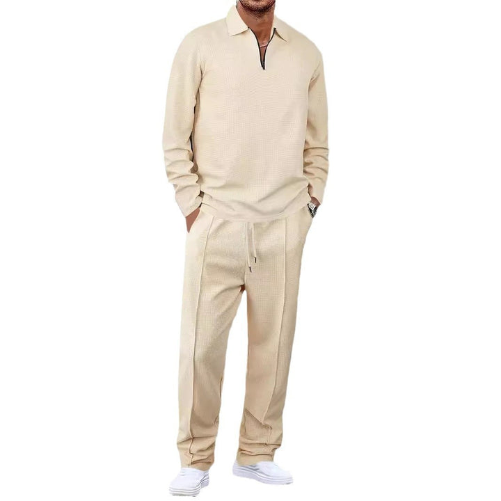 Herren nan Waffelstruktur-Wohn- und Freizeit-Set mit Halbzip-Polokragen und Kordelbund Drune