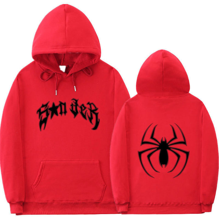 Damen Kapuzenpullover mit auffälligem Spinnenmotiv und grobem Schriftzug Drune