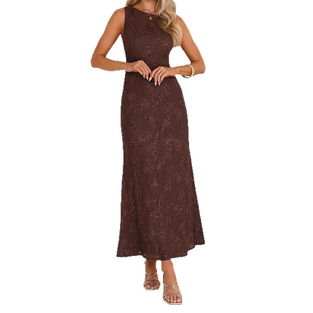 Damen Elegantes Maxikleid mit floralen Spitzenapplikationen Drune