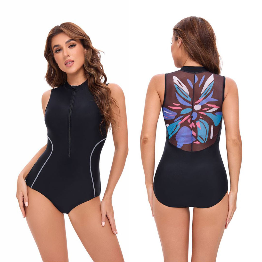 Damen Sportlicher Neopren-Badeanzug mit hohem Kragen und Reißverschluss Drune
