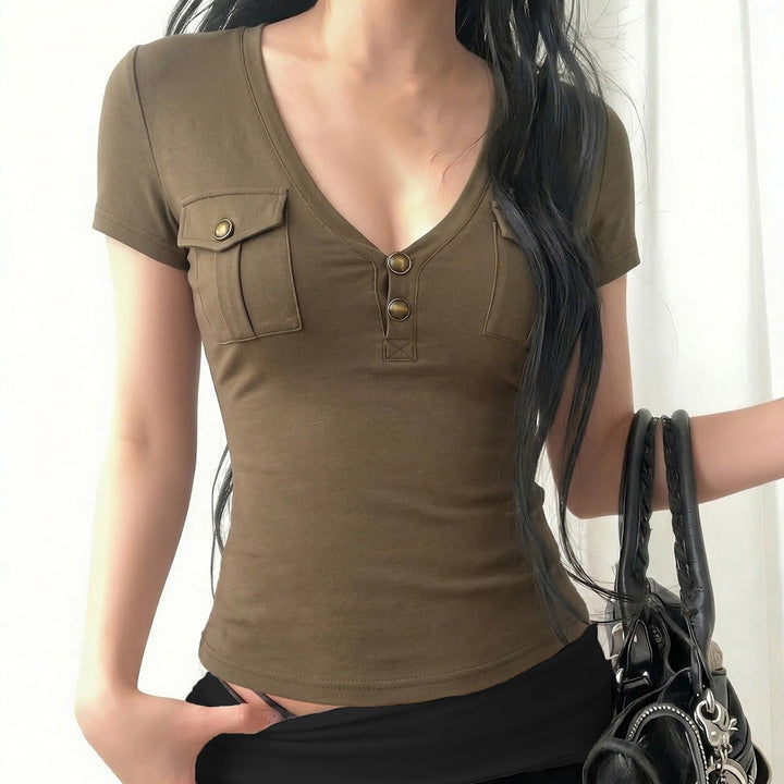 Damen Kurzarmshirt mit Knopfdetails und seitlichen Taschen Drune
