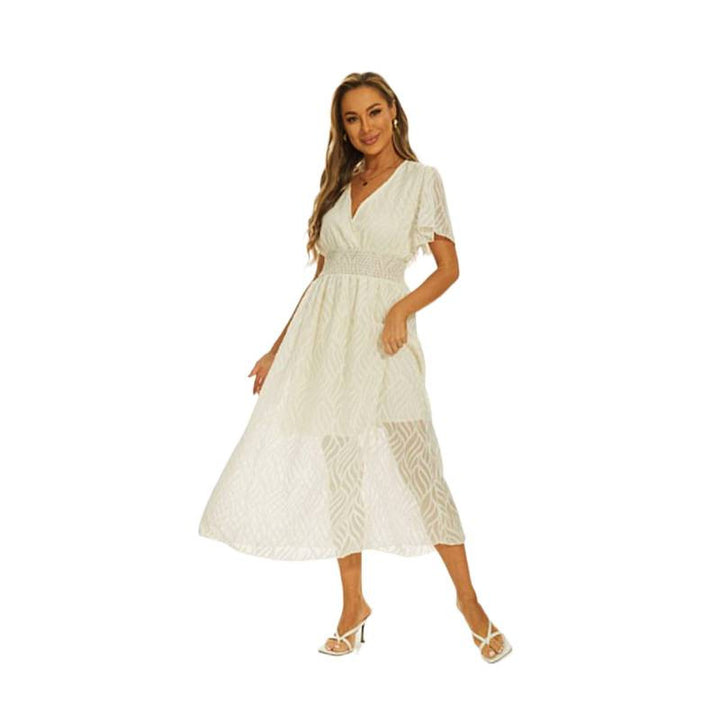 Damen Maxi-Kleid mit elegantem V-Ausschnitt und feinen Rüschendetails Drune