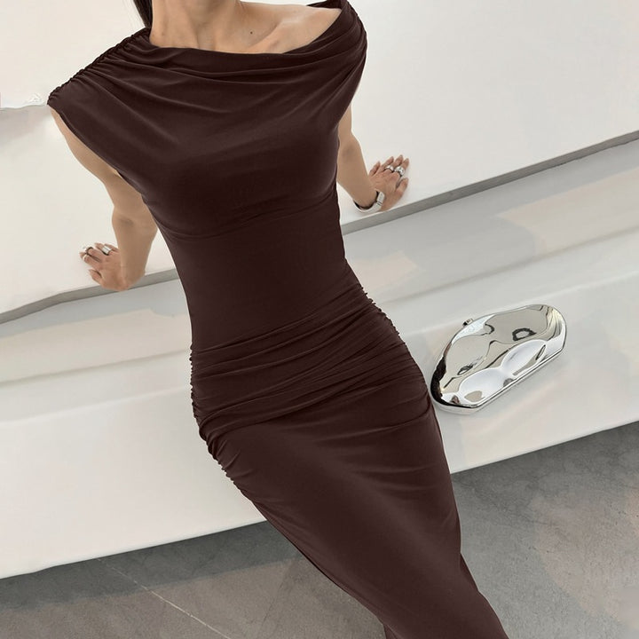 Damen Elegantes Maxikleid mit asymmetrischem Ausschnitt und Raffungen Drune
