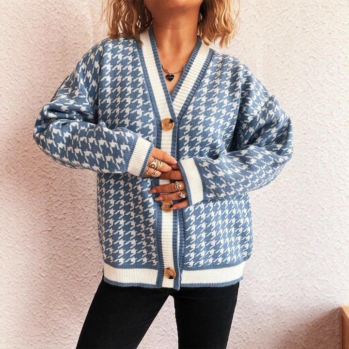 Damen lässiger Strickcardigan mit modischem Hahnentritt-Muster und Holzknöpfen Drune