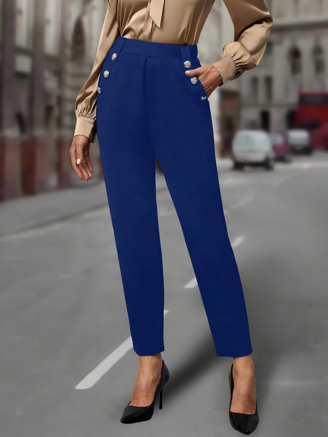 Damen elegante Anzughose mit doppeltem Knopfverschluss und schmalem Bein Drune