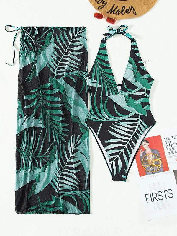 Damen Eleganter Einteiler mit blumigen Mustern und passendem Sarong Drune