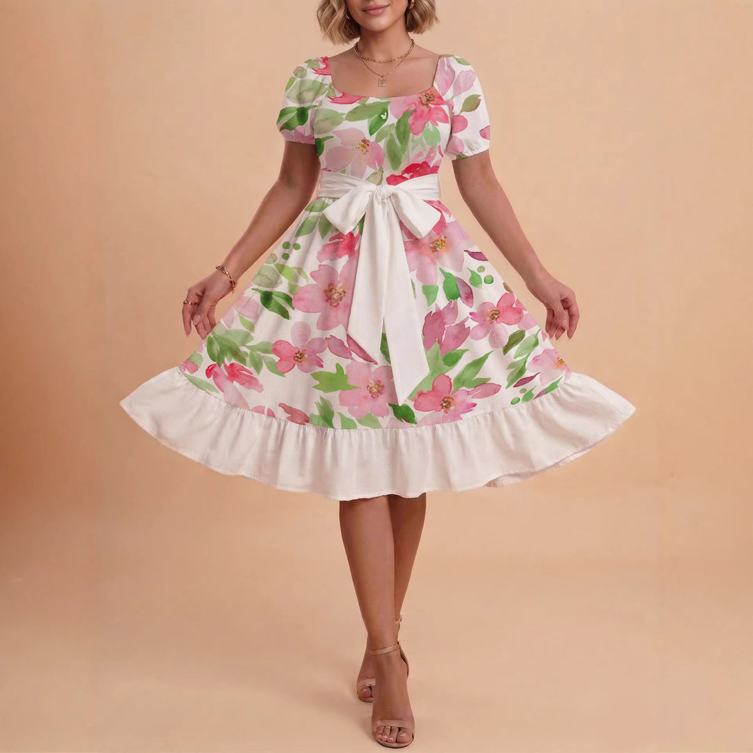 Damen A-Linien-Kleid mit floralen Motiven und taillierbarem Gürtel Drune