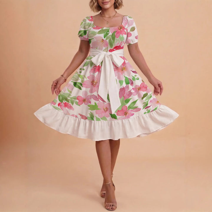 Damen A-Linien-Kleid mit floralen Motiven und taillierbarem Gürtel Drune