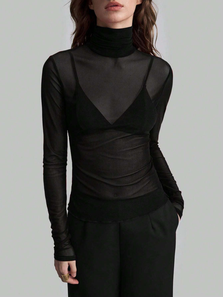 Damen Transparente Turtleneck-Bluse mit figurformendem Schnitt Drune
