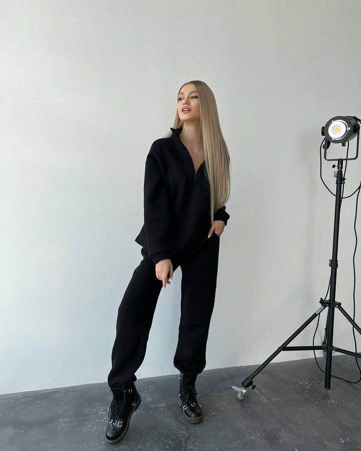 Damen Lockere Sweatshirt- und Jogginghosen-Kombination mit Reißverschluss Drune