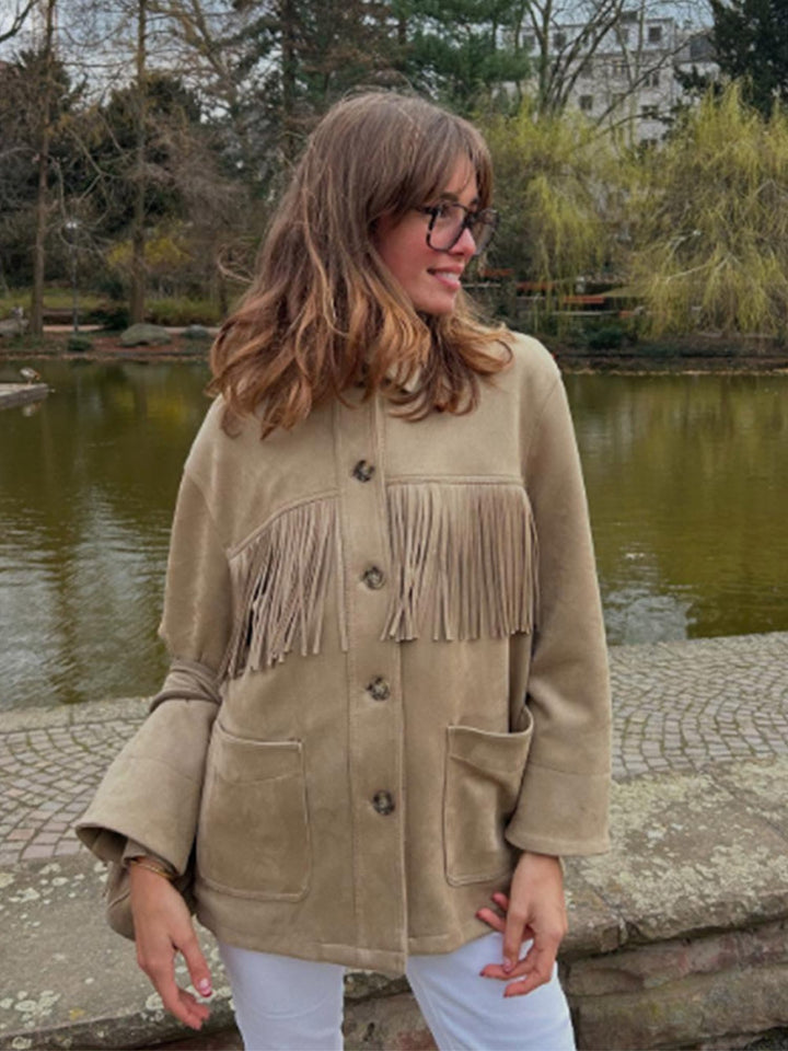 Damen geschmackvolle Kunstlederjacke mit Fransen Drune