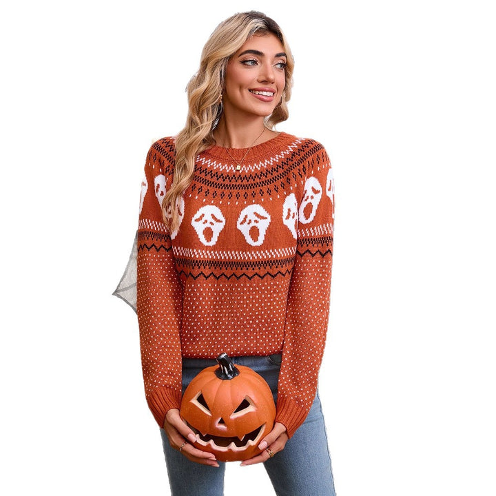 Damen Gemusterter Strickpullover mit Halloween-Motiv Drune