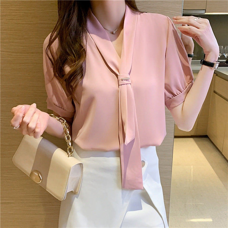 Damen Bluse mit eleganter Schleife und modischen Puffärmeln Drune