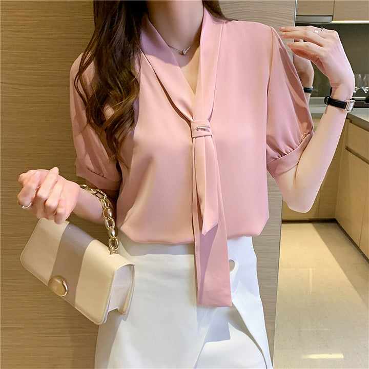 Damen Bluse mit eleganter Schleife und modischen Puffärmeln Drune