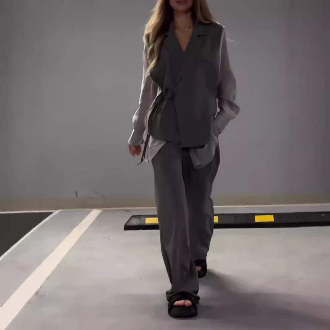 Damen elegantes Wickeljacken-Ensemble mit modischem Schnitt und praktischen Taschen Drune
