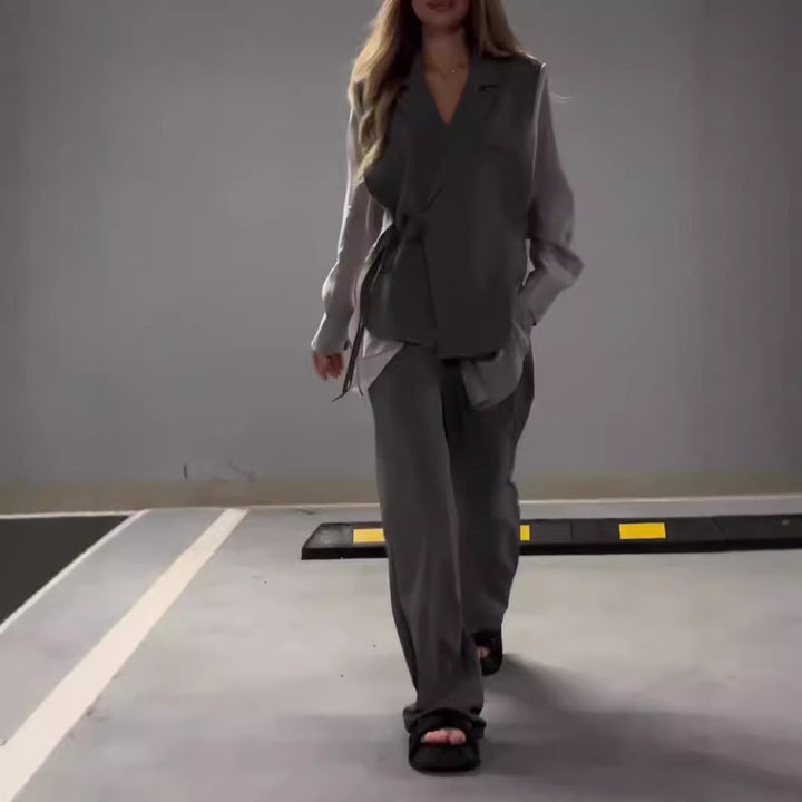 Damen elegantes Wickeljacken-Ensemble mit modischem Schnitt und praktischen Taschen Drune