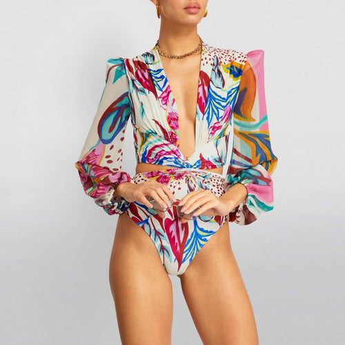 Damen Bikiniset mit langärmliger Bluse und trendy Muster Drune