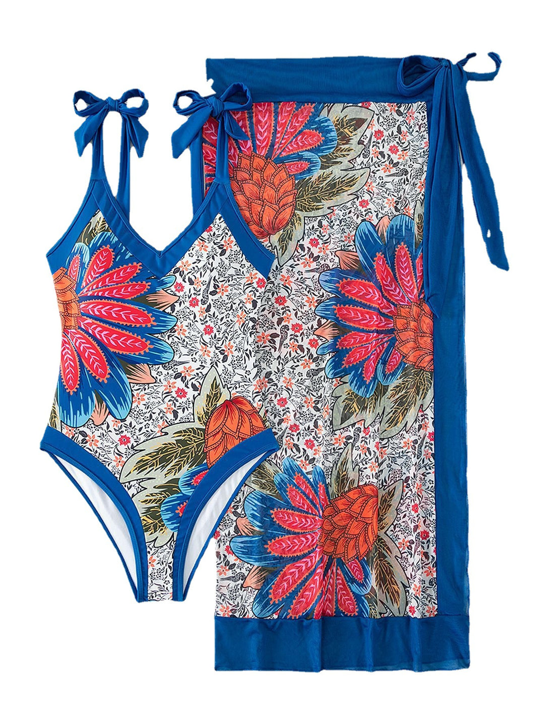 Damen Einteiler Badeanzug mit verspieltem Floral-Design und schickem Wickelrock Drune