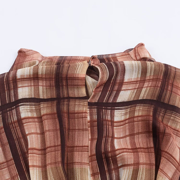 Damen Langarm Kleid im karierten Design mit asymmetrischem Saum und Bindegürtel Drune