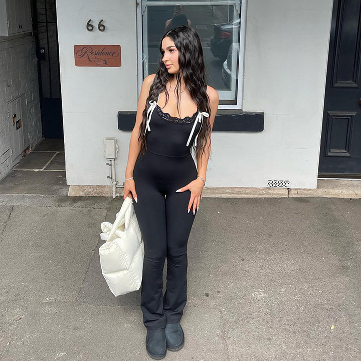 Damen Eleganter Jumpsuit mit Spitze und weitem Beinsaum Drune