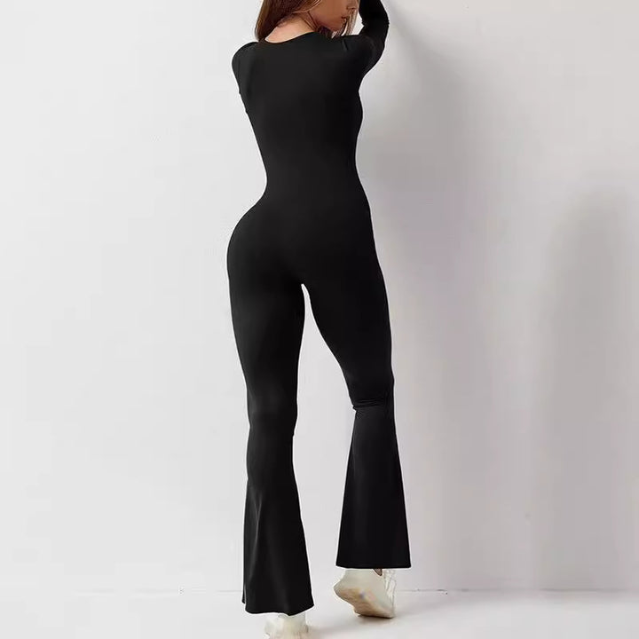 Damen nan figurbetonter Langarm-Jumpsuit mit quadratischem Ausschnitt und ausgestellter Schlaghose Drune