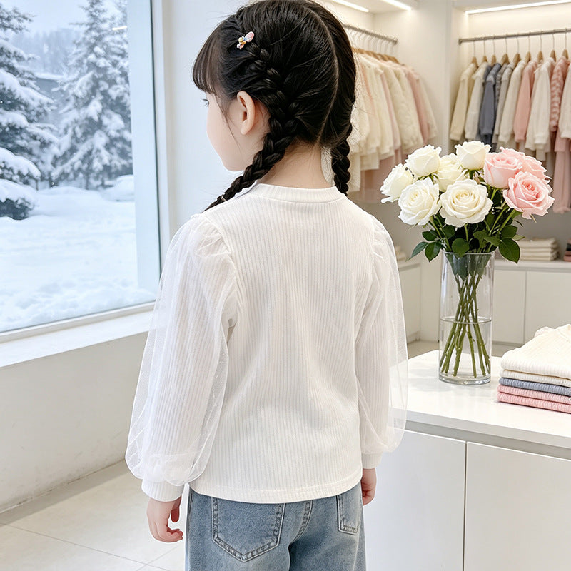 Mädchen elegante Rüschenbluse mit transparenter Tüllverzierung Drune