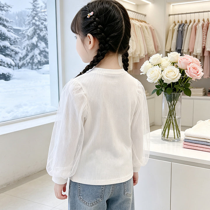 Mädchen elegante Rüschenbluse mit transparenter Tüllverzierung Drune