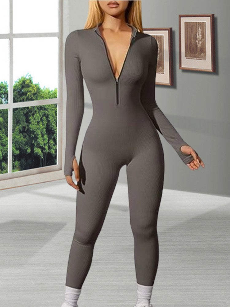 Damen nan figurbetonter Ripp-Jumpsuit mit hohem Halsausschnitt, langem Arm und sculptender Nahtführung Drune