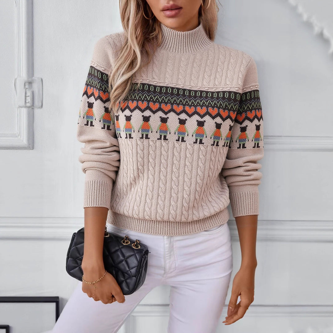 Damen Strickpullover mit kreativem Muster und hohem Kragen Drune