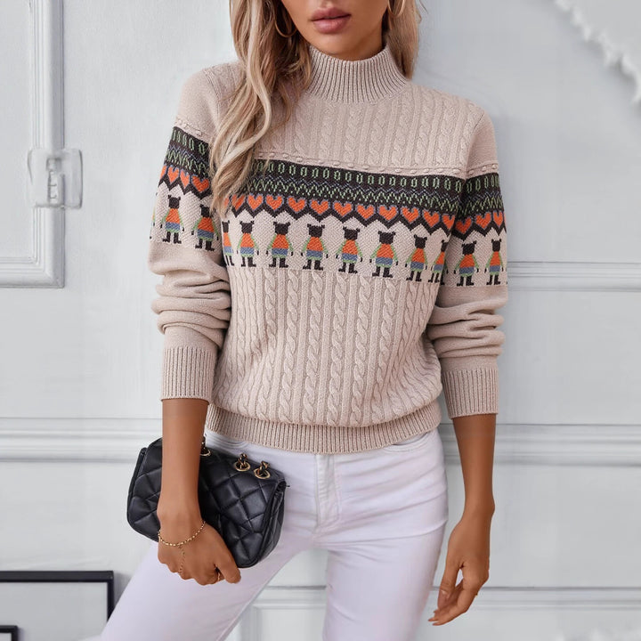 Damen Strickpullover mit kreativem Muster und hohem Kragen Drune