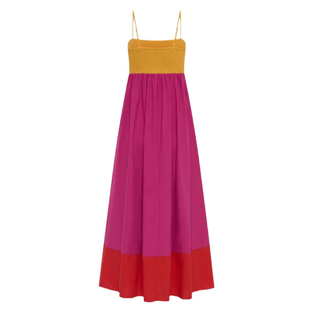 Damen Maxikleid mit farbenfrohem Blockdesign und verstellbaren Spaghettiträgern Drune