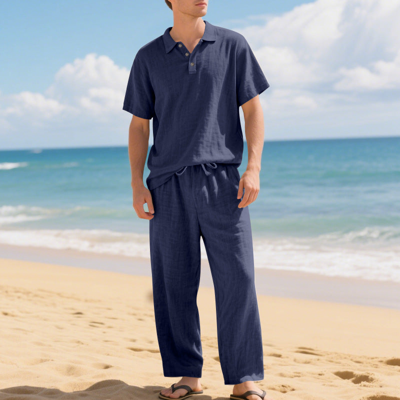 Herren nan luftiges Leinen-Ensemble mit Polokragen und regulierbarer Bundhose Drune