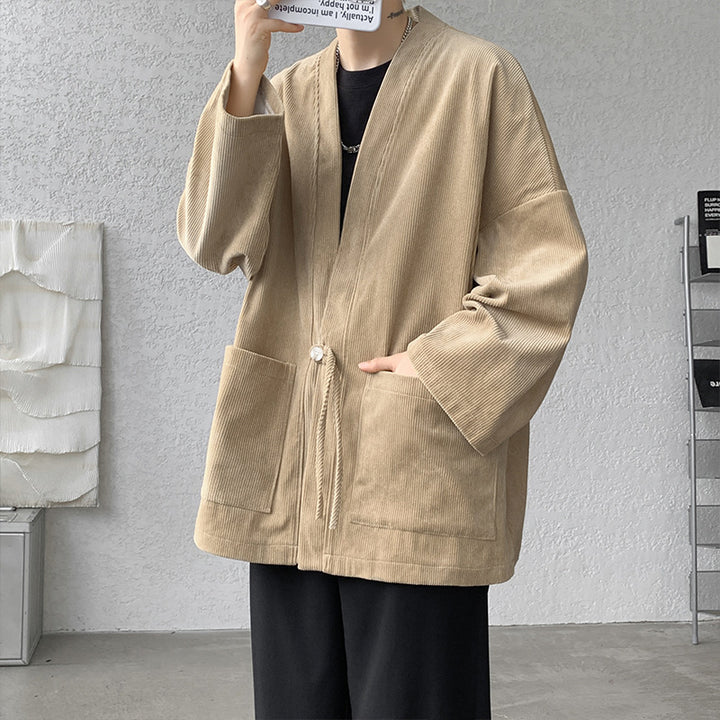 Herren nan oversized Cord-Kimono-Cardigan mit Kordelzug, aufgesetzten Taschen und Tropfenärmeln Drune