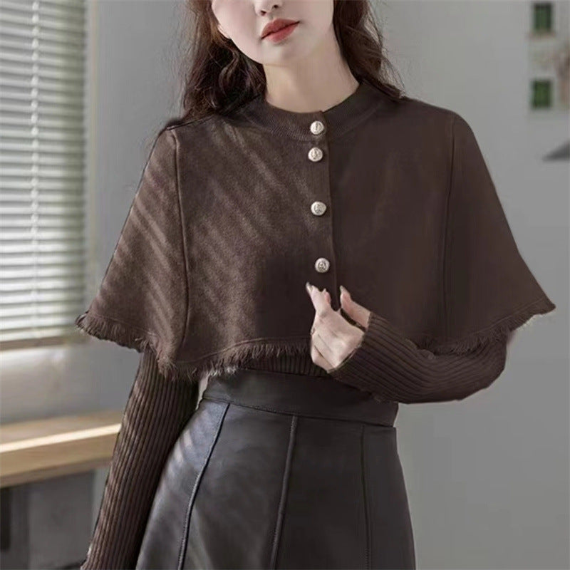 Damen modischer Pullover mit abnehmbarer Schulterpartie und Knopfdetails Drune