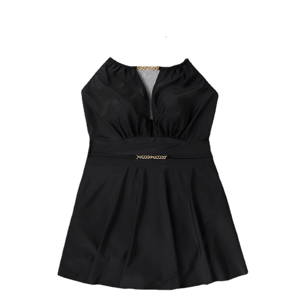 Damen Strandkleid mit tiefem V-Ausschnitt und dekorativem Ketten-Detail Drune