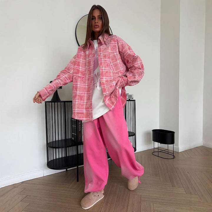 Damen Oversized Hemdbluse im lässigen Karo-Design mit Fransen Drune