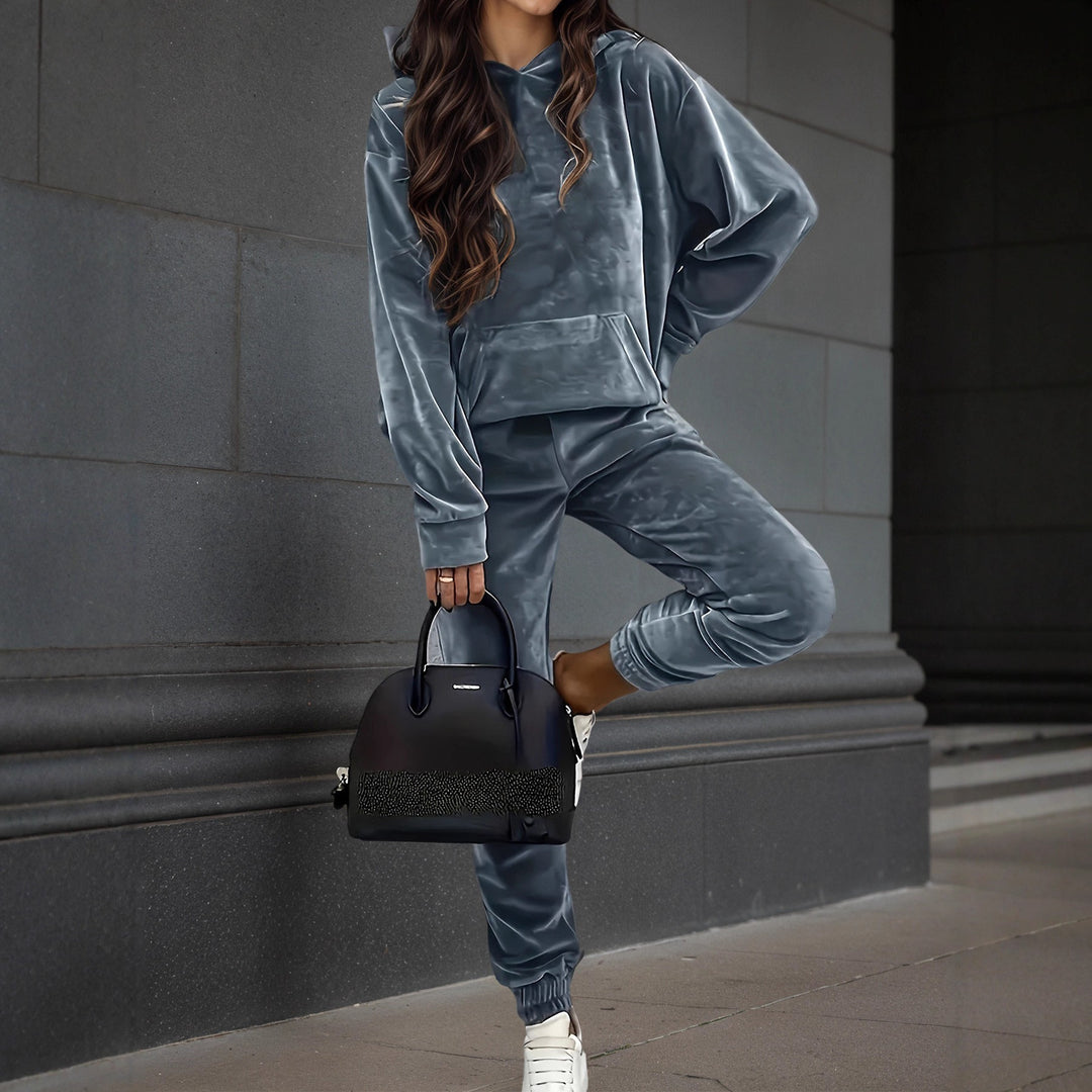 Damen sportliches Fleece-Set mit Hoodie und elastischem Bund Drune