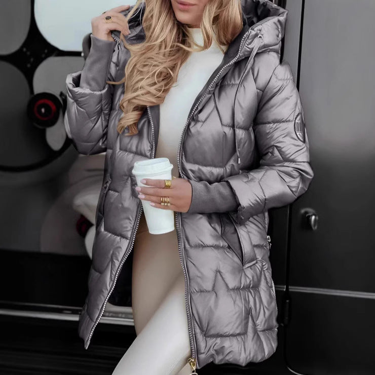 Damen Lange Steppjacke mit Kapuze und praktischen Taschen Drune
