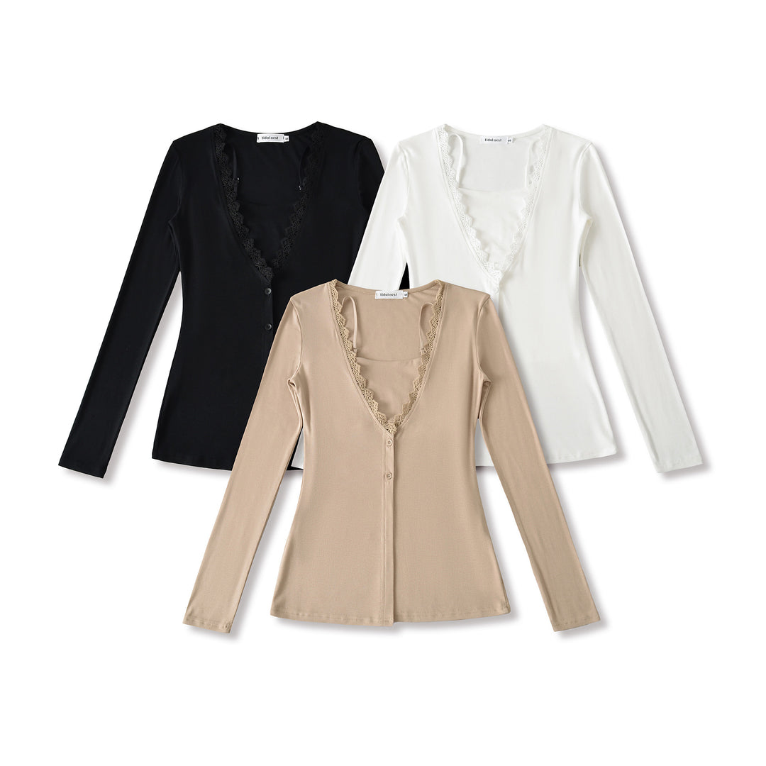 Damen Langarmoberteil mit elegantem Spitzenkragen Drune